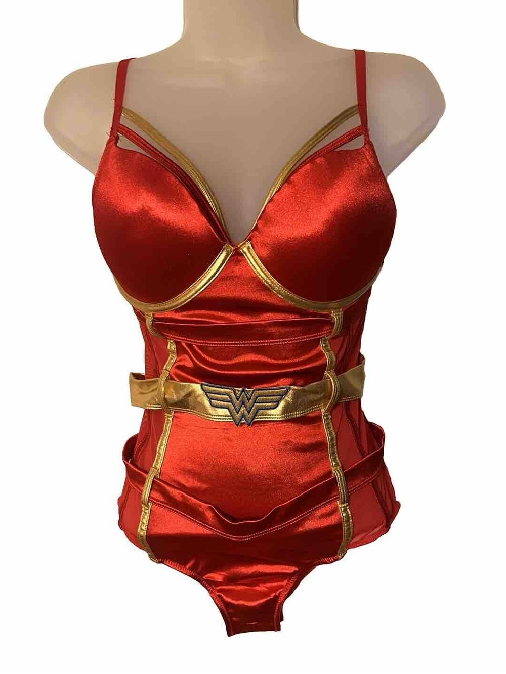 DC Comics Red & Gold Satin Wonder-Woman Inspired Bustier Bodysuit - Lingerie (XL